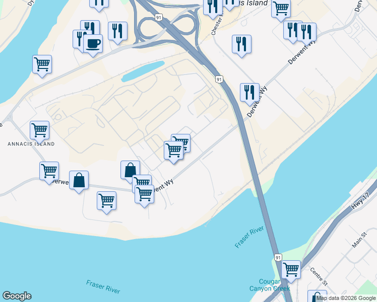 map of restaurants, bars, coffee shops, grocery stores, and more near 1309 Derwent Way in Delta