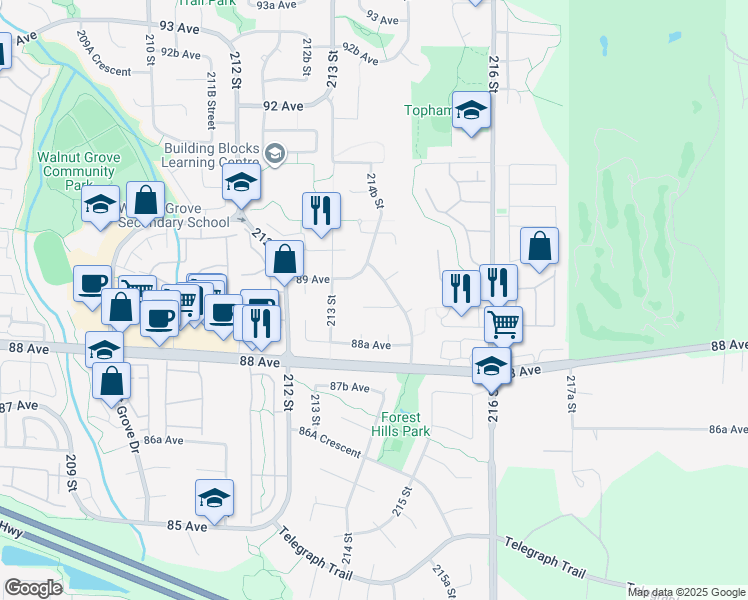 map of restaurants, bars, coffee shops, grocery stores, and more near 21447 88B Avenue in Langley Township