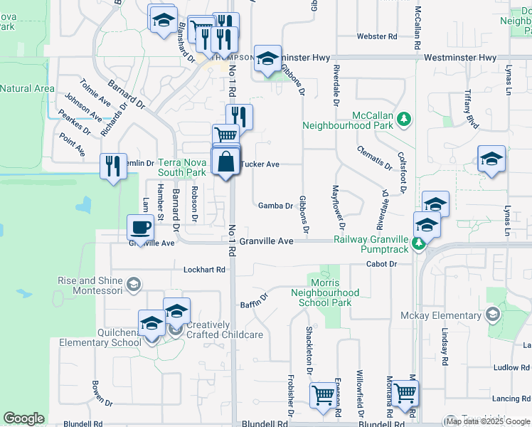 map of restaurants, bars, coffee shops, grocery stores, and more near 6771 Gamba Drive in Richmond