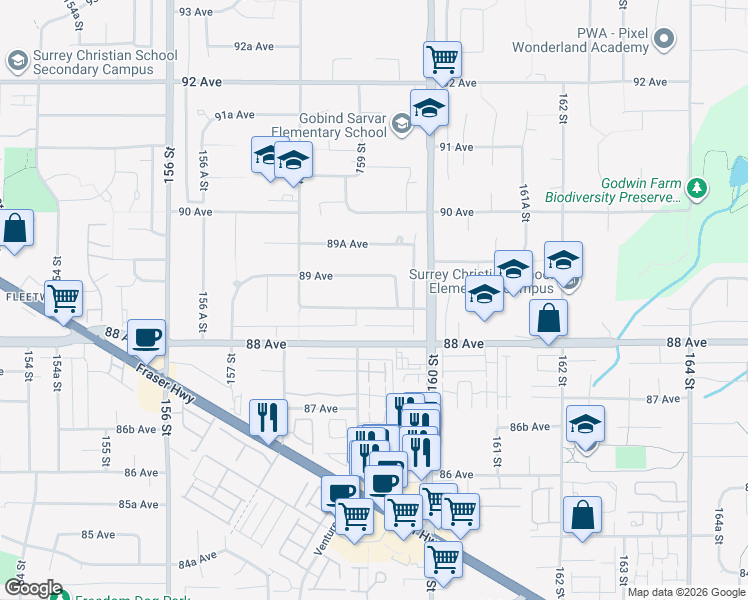 map of restaurants, bars, coffee shops, grocery stores, and more near 15929 88A Avenue in Surrey