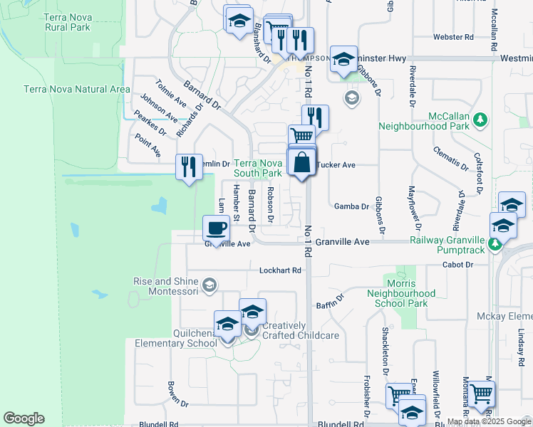 map of restaurants, bars, coffee shops, grocery stores, and more near 6951 Robson Drive in Richmond