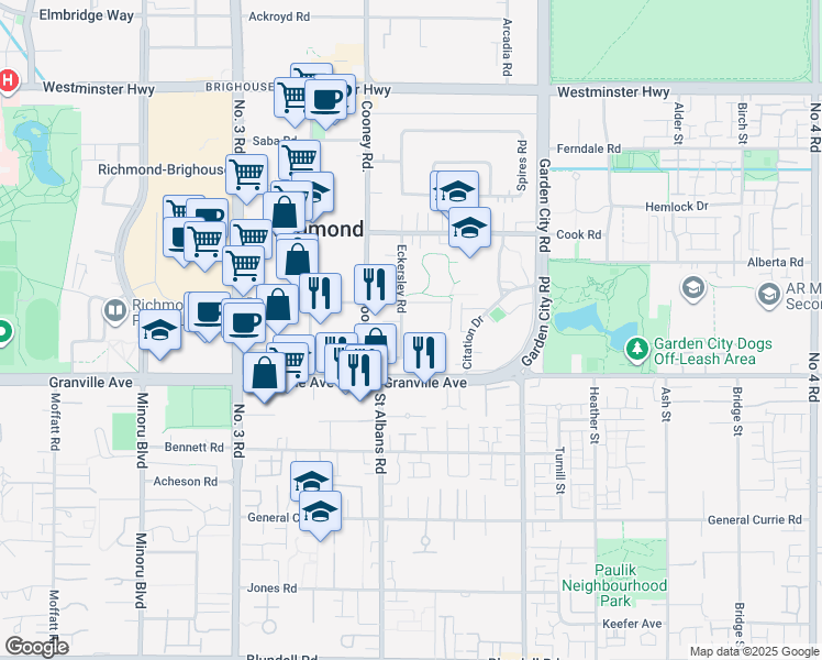 map of restaurants, bars, coffee shops, grocery stores, and more near in Richmond
