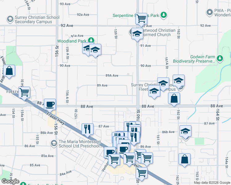 map of restaurants, bars, coffee shops, grocery stores, and more near 15901 88A Avenue in Surrey