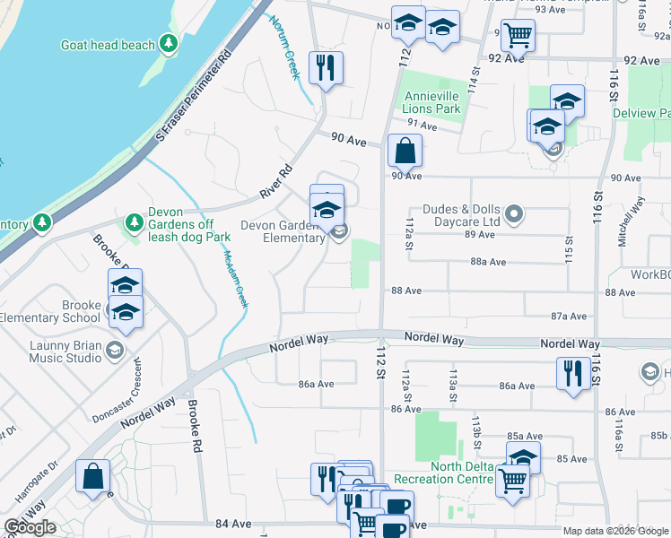 map of restaurants, bars, coffee shops, grocery stores, and more near 11124 Downs Road in Delta