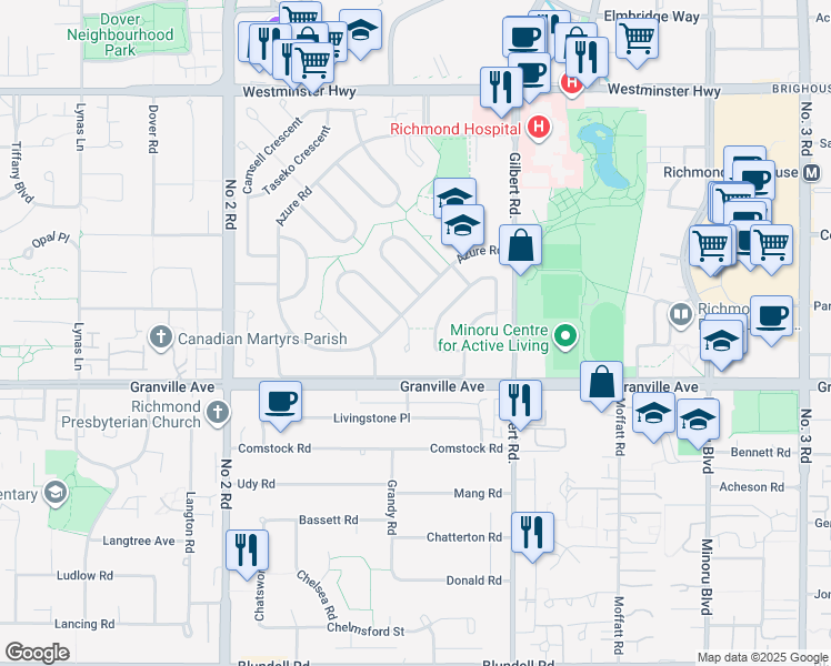 map of restaurants, bars, coffee shops, grocery stores, and more near 6060 Otter Place in Richmond
