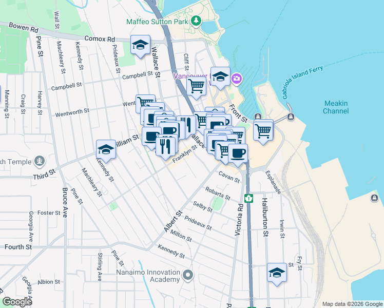 map of restaurants, bars, coffee shops, grocery stores, and more near 301 Franklyn Street in Nanaimo