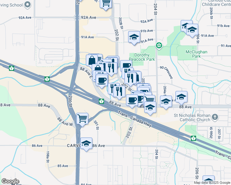 map of restaurants, bars, coffee shops, grocery stores, and more near 8929 202 Street in Langley Township