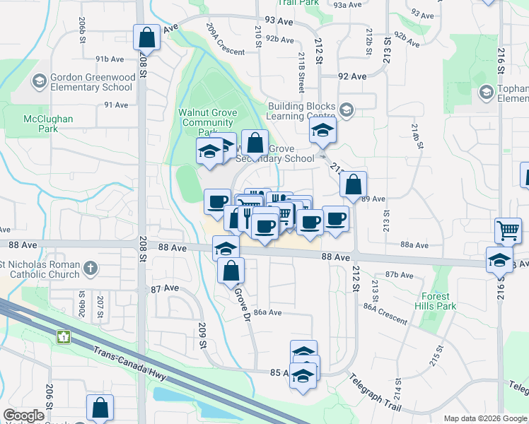 map of restaurants, bars, coffee shops, grocery stores, and more near 8850 Walnut Grove Drive in Langley