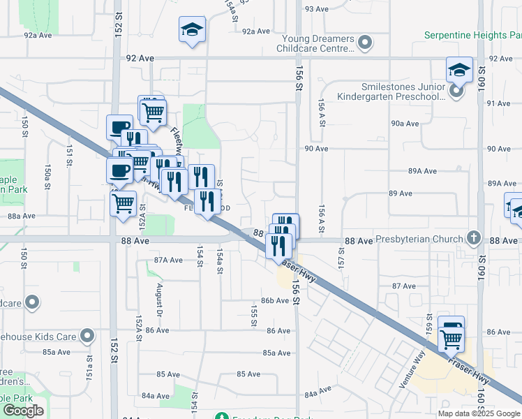 map of restaurants, bars, coffee shops, grocery stores, and more near 15550 89 Avenue in Surrey
