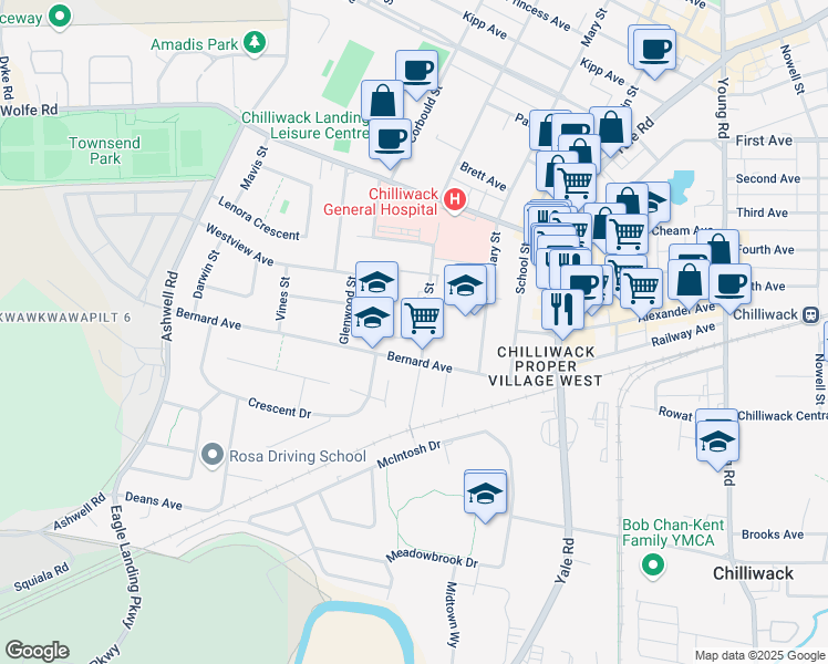 map of restaurants, bars, coffee shops, grocery stores, and more near 8917 Edward Street in Chilliwack