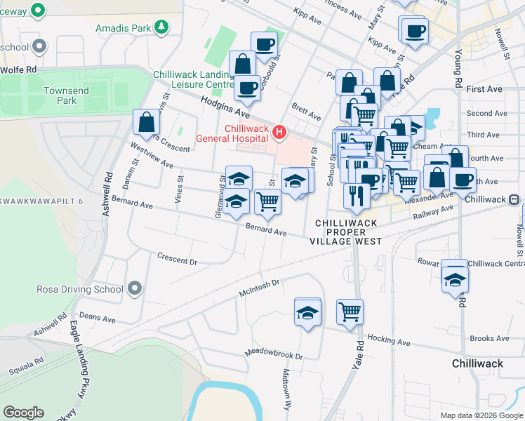 map of restaurants, bars, coffee shops, grocery stores, and more near 8917 Edward Street in Chilliwack