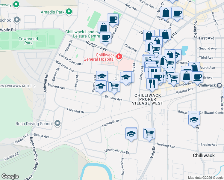 map of restaurants, bars, coffee shops, grocery stores, and more near 8917 Edward Street in Chilliwack