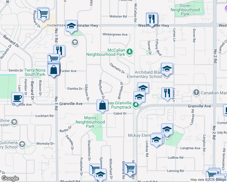 map of restaurants, bars, coffee shops, grocery stores, and more near 4831 Foxglove Crescent in Richmond