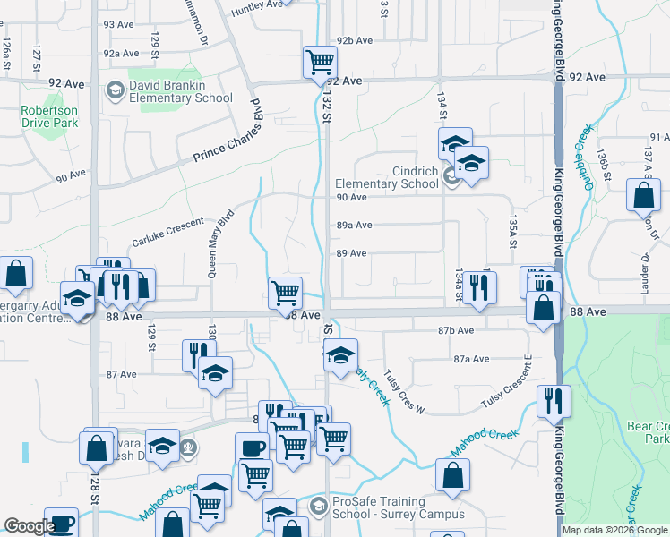 map of restaurants, bars, coffee shops, grocery stores, and more near 8874 132 Street in Surrey