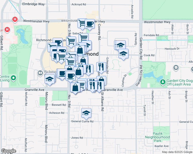 map of restaurants, bars, coffee shops, grocery stores, and more near 6771 Cooney Road in Richmond