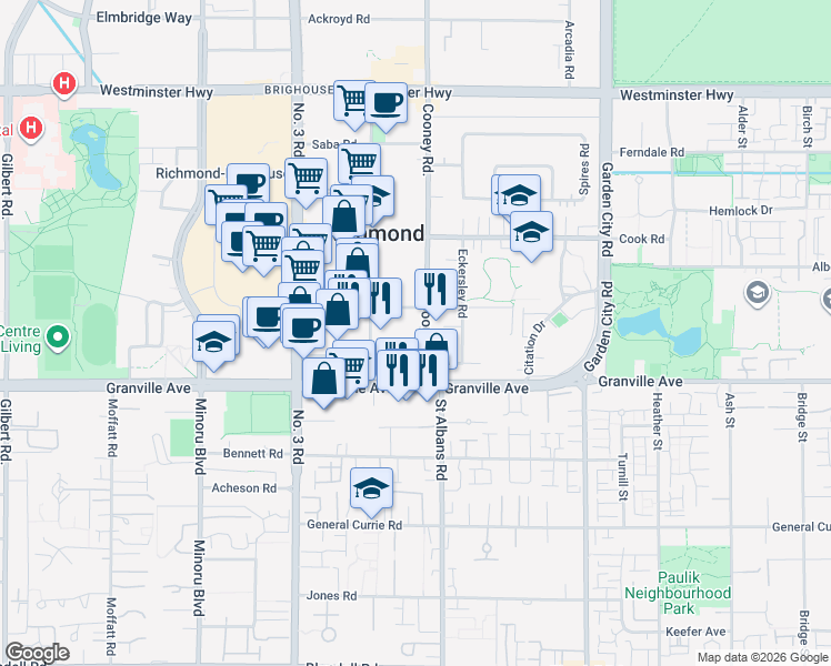 map of restaurants, bars, coffee shops, grocery stores, and more near 6771 Cooney Road in Richmond