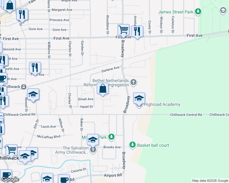 map of restaurants, bars, coffee shops, grocery stores, and more near 46520 Rolinde Crescent in Chilliwack