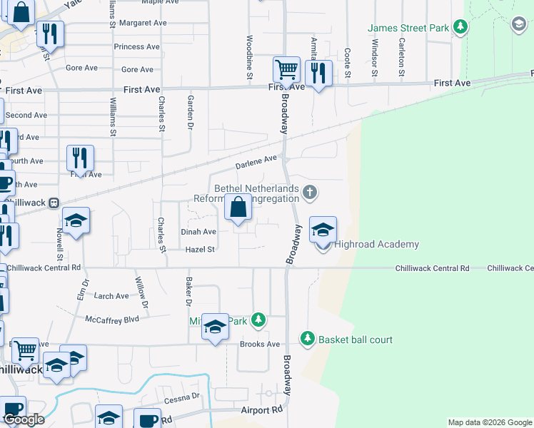 map of restaurants, bars, coffee shops, grocery stores, and more near 46520 Rolinde Crescent in Chilliwack