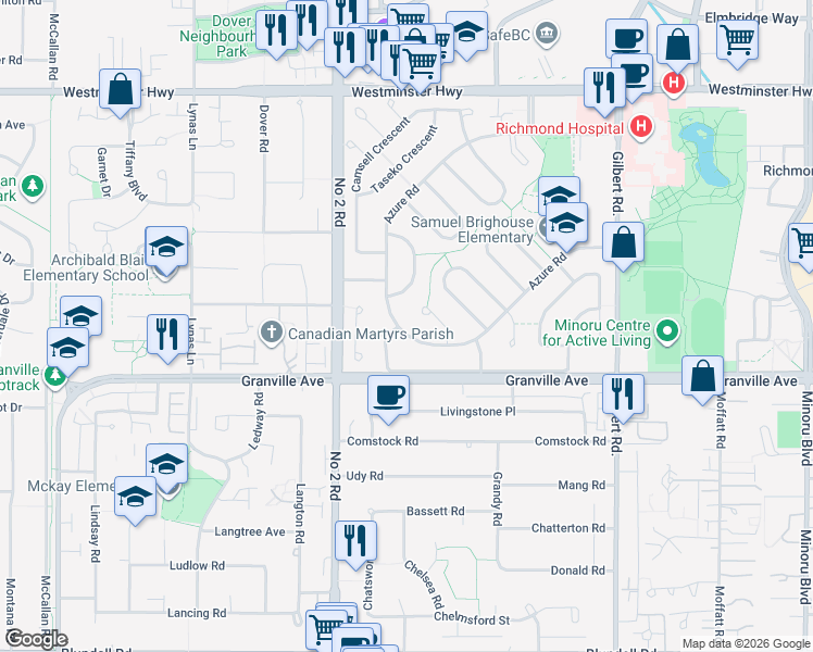 map of restaurants, bars, coffee shops, grocery stores, and more near 6480 Azure Road in Richmond