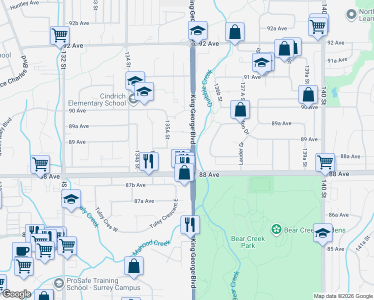 map of restaurants, bars, coffee shops, grocery stores, and more near 8883 King George Boulevard in Surrey