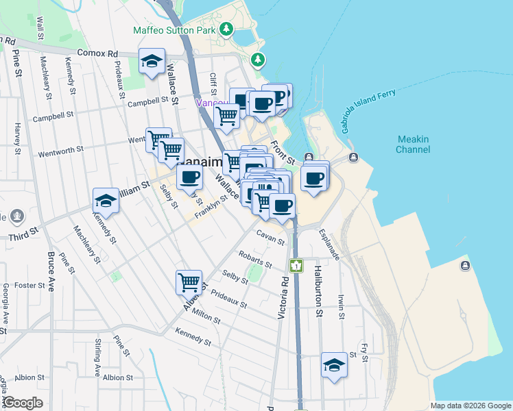 map of restaurants, bars, coffee shops, grocery stores, and more near 1 Commercial Street in Nanaimo