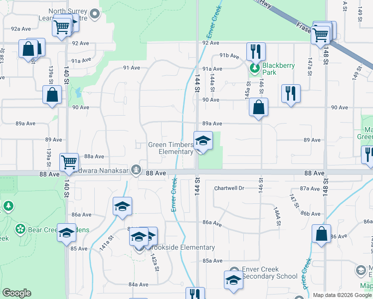 map of restaurants, bars, coffee shops, grocery stores, and more near 8866 143A Street in Surrey