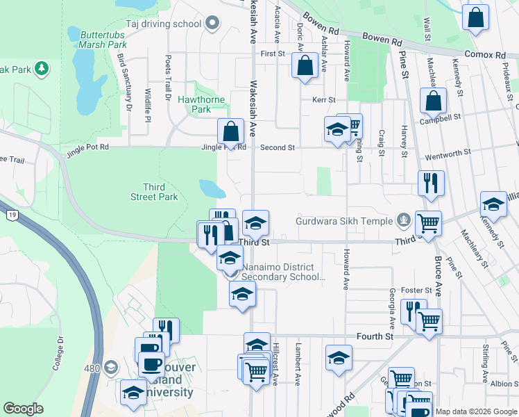 map of restaurants, bars, coffee shops, grocery stores, and more near 228 Wakesiah Avenue in Nanaimo