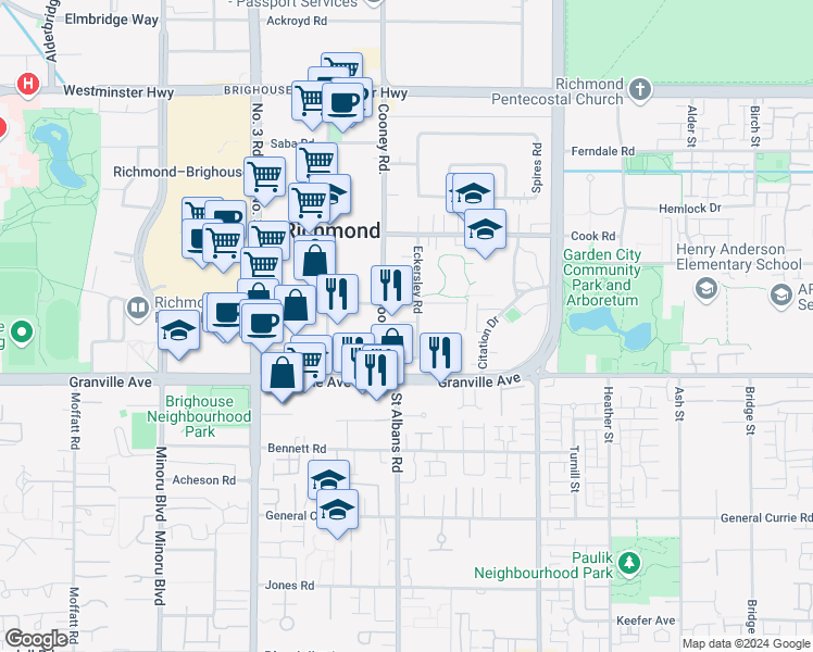 map of restaurants, bars, coffee shops, grocery stores, and more near 6771 Eckersley Road in Richmond