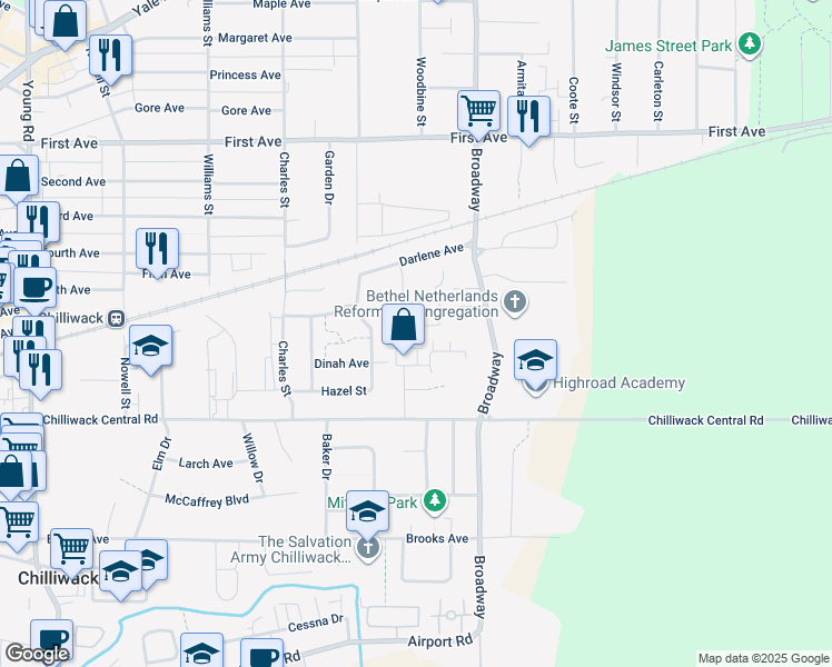 map of restaurants, bars, coffee shops, grocery stores, and more near 46504 Rolinde Crescent in Chilliwack