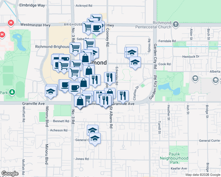 map of restaurants, bars, coffee shops, grocery stores, and more near 6888 Cooney Road in Richmond