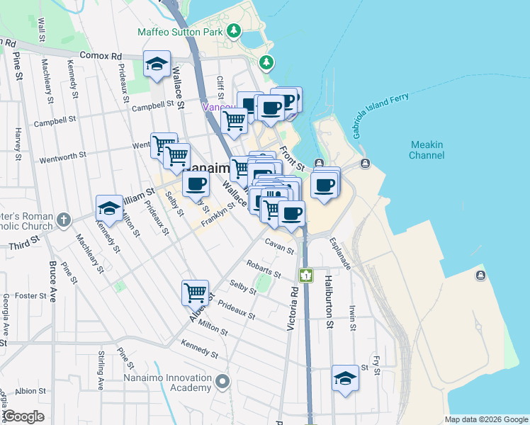 map of restaurants, bars, coffee shops, grocery stores, and more near 1 Commercial Street in Nanaimo