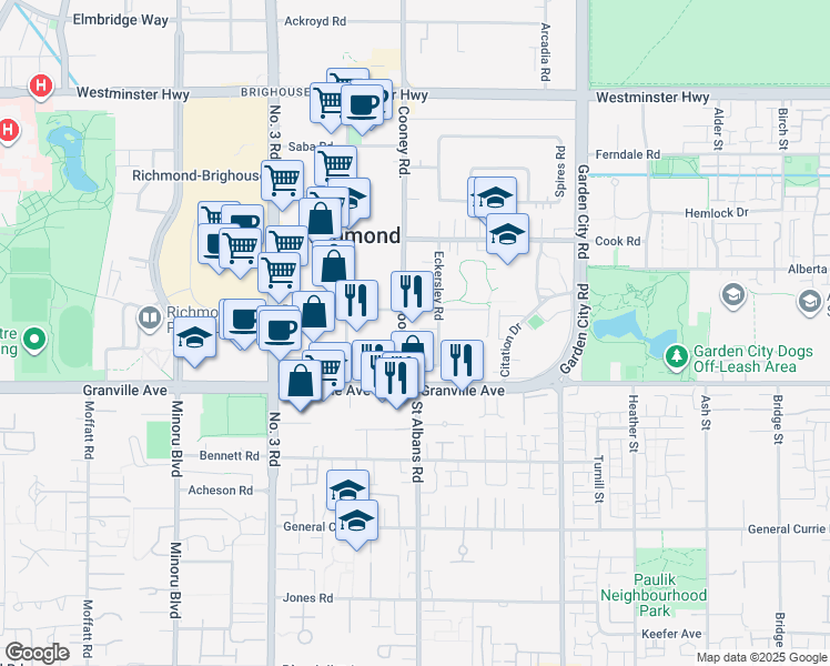 map of restaurants, bars, coffee shops, grocery stores, and more near 6888 Cooney Road in Richmond