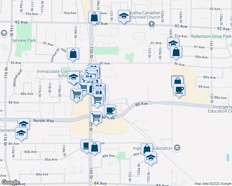 map of restaurants, bars, coffee shops, grocery stores, and more near in Surrey