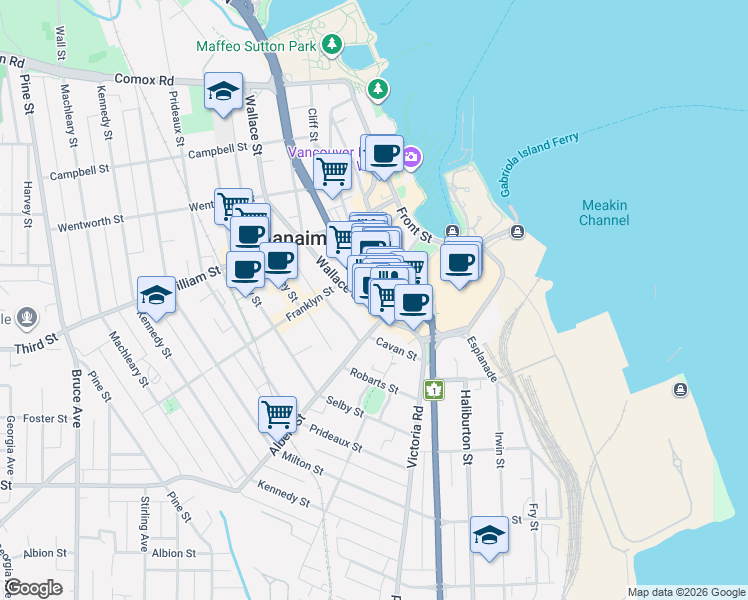 map of restaurants, bars, coffee shops, grocery stores, and more near 1 Commercial Street in Nanaimo