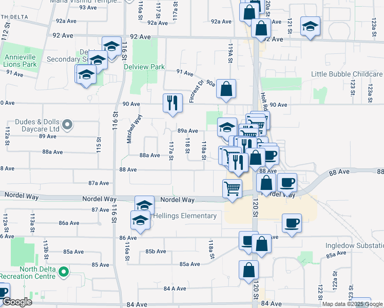 map of restaurants, bars, coffee shops, grocery stores, and more near 8852 118 Street in Delta
