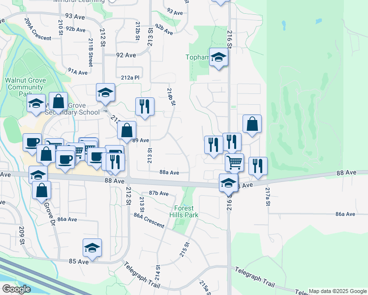 map of restaurants, bars, coffee shops, grocery stores, and more near 8882 214B Street in Langley Township