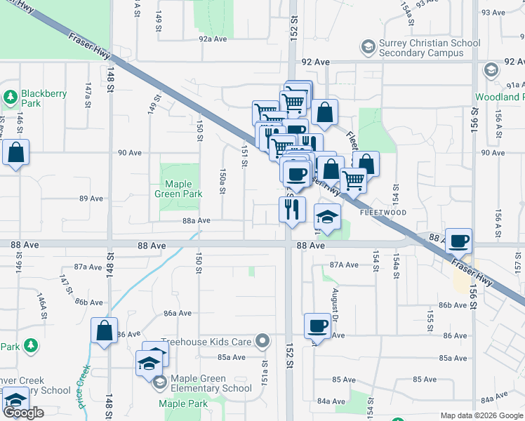 map of restaurants, bars, coffee shops, grocery stores, and more near in Surrey