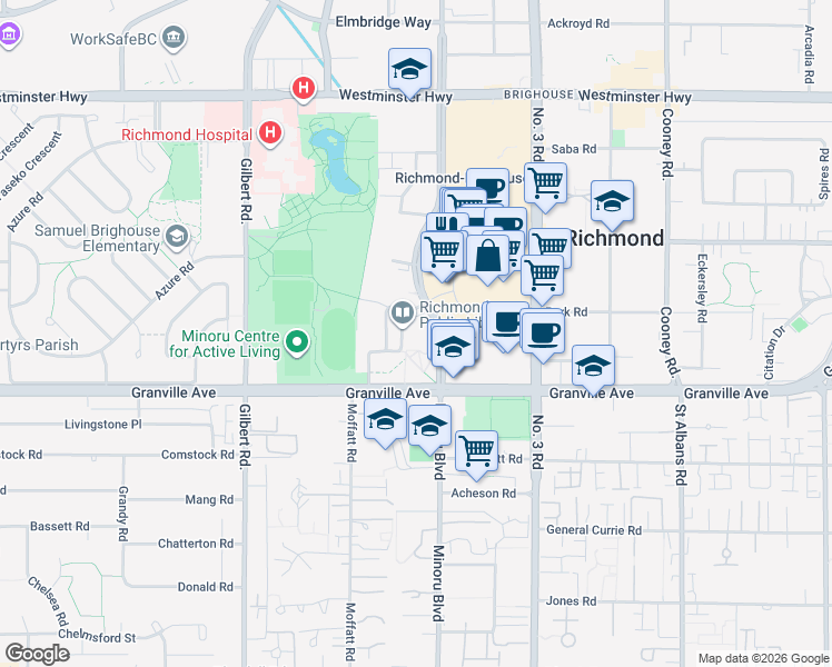 map of restaurants, bars, coffee shops, grocery stores, and more near 7700 Minoru Gate in Richmond