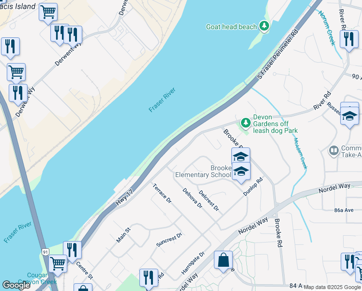 map of restaurants, bars, coffee shops, grocery stores, and more near 10581 River Road in Delta