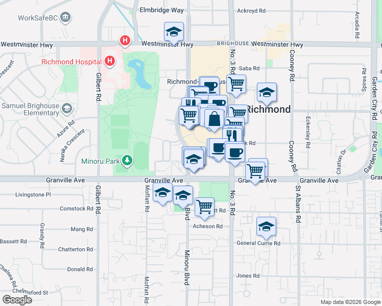 map of restaurants, bars, coffee shops, grocery stores, and more near 6808 Minoru Boulevard in Richmond
