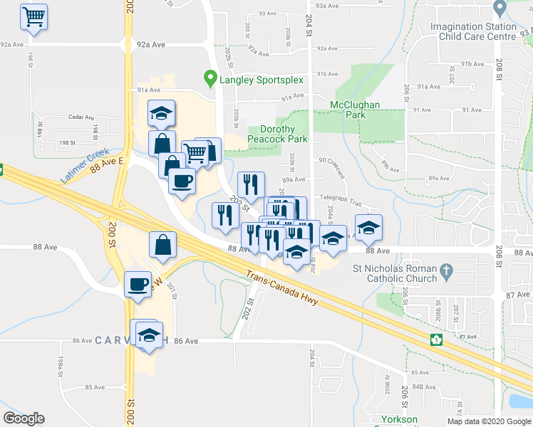 map of restaurants, bars, coffee shops, grocery stores, and more near 8410 202 Street in Langley City