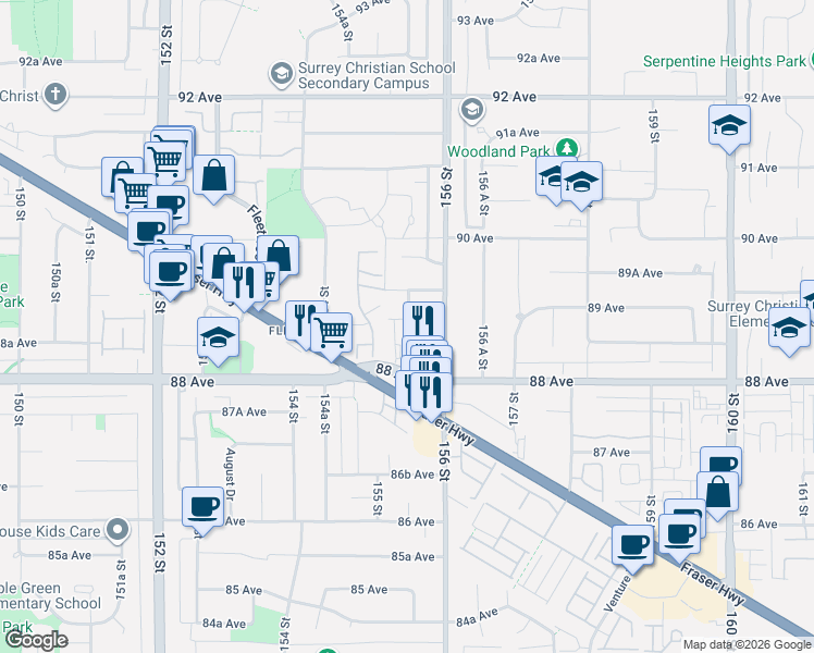 map of restaurants, bars, coffee shops, grocery stores, and more near 15550 89 Avenue in Surrey