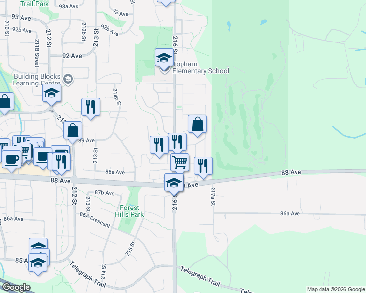 map of restaurants, bars, coffee shops, grocery stores, and more near 8888 216 Street in Langley Township