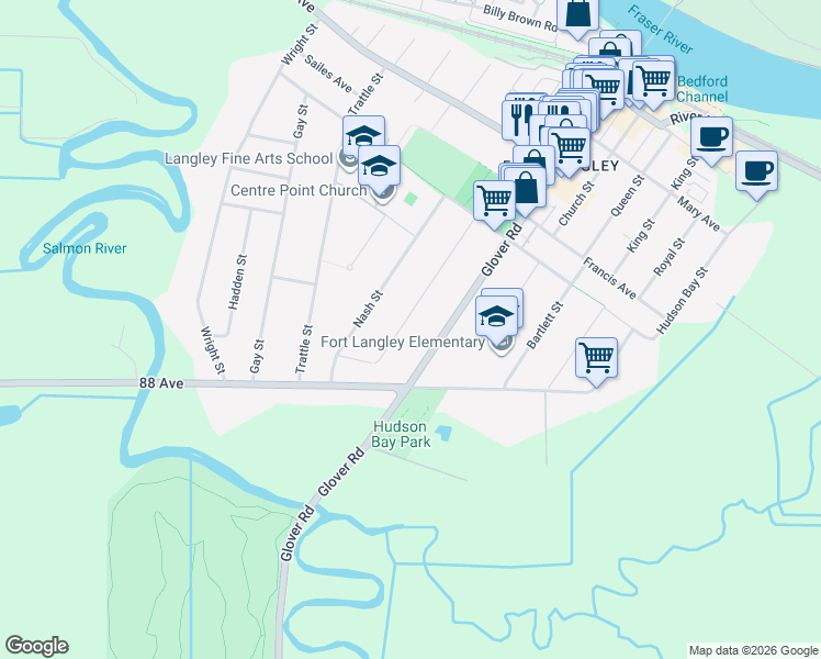 map of restaurants, bars, coffee shops, grocery stores, and more near 8894 Mackie Street in Langley Township