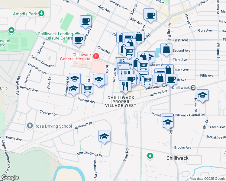 map of restaurants, bars, coffee shops, grocery stores, and more near 8910 School Street in Chilliwack