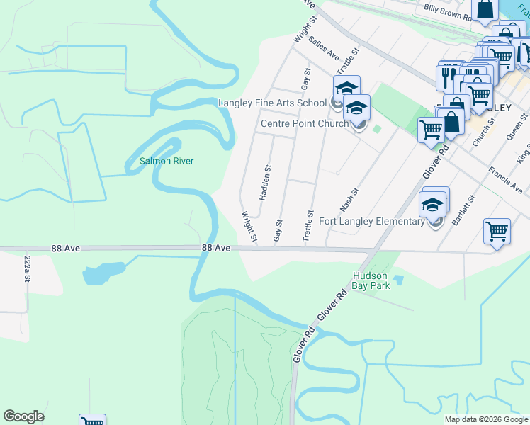 map of restaurants, bars, coffee shops, grocery stores, and more near 8884 Hadden Street in Langley Township