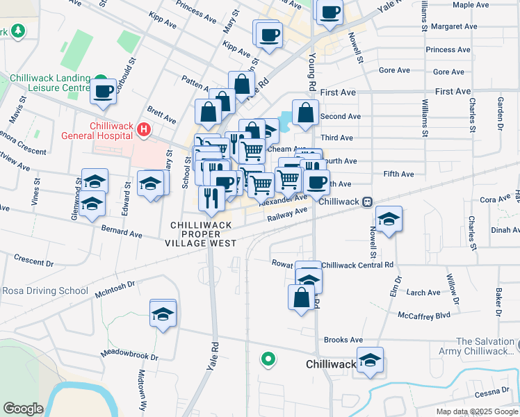map of restaurants, bars, coffee shops, grocery stores, and more near 45850 Alexander Avenue in Chilliwack