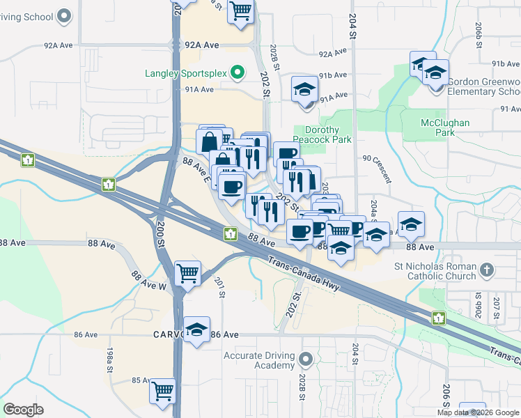 map of restaurants, bars, coffee shops, grocery stores, and more near 8929 202 Street in Langley Township
