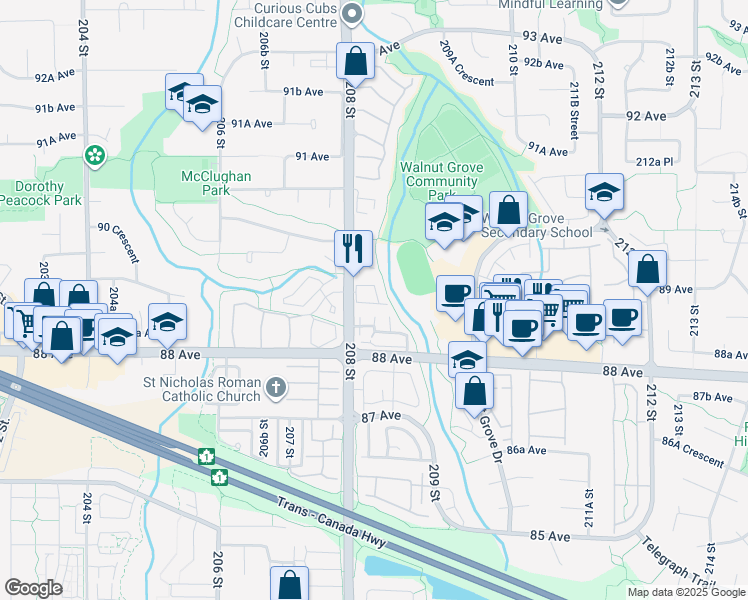 map of restaurants, bars, coffee shops, grocery stores, and more near 8892 208 Street in Langley Township