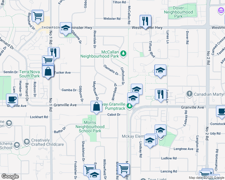 map of restaurants, bars, coffee shops, grocery stores, and more near 6811 Riverdale Drive in Richmond